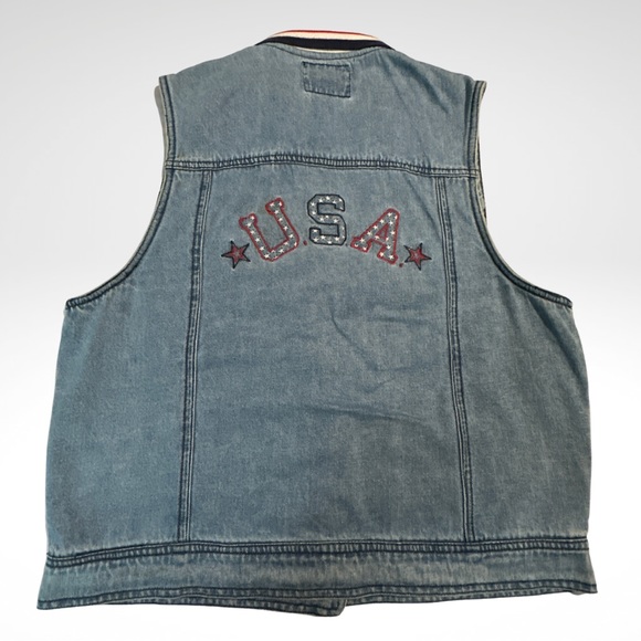 Solutions Embroidered U.S.A. with Stars Patriotic Sleeveless Denim Vest - Picture 3 of 17